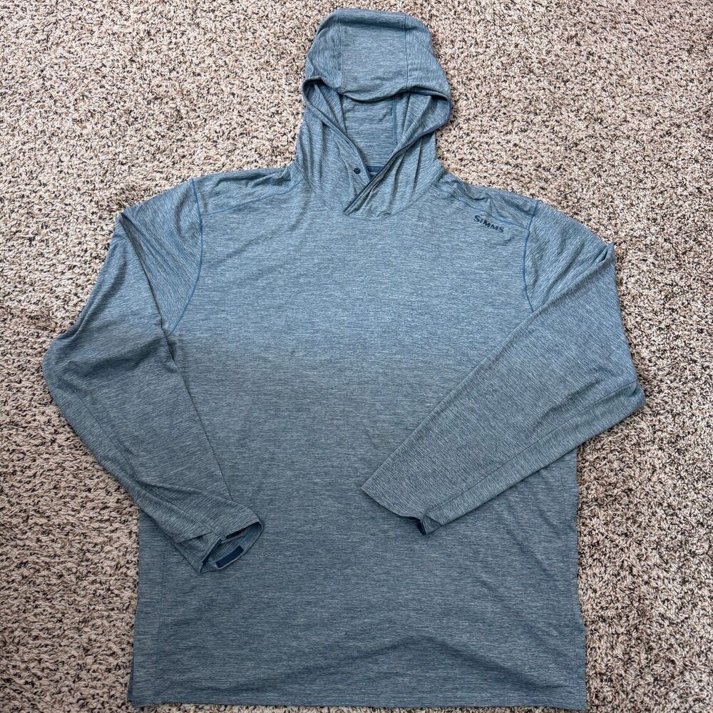 Simms Hooded Fishing Shirt Mens 2XL Blue Lightweight Sun Hoodie Solarflex UPF 50